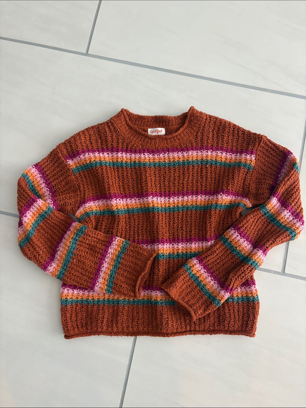 Cat & Jack Rust Striped Crewneck Sweater with Pink & Teal Accents